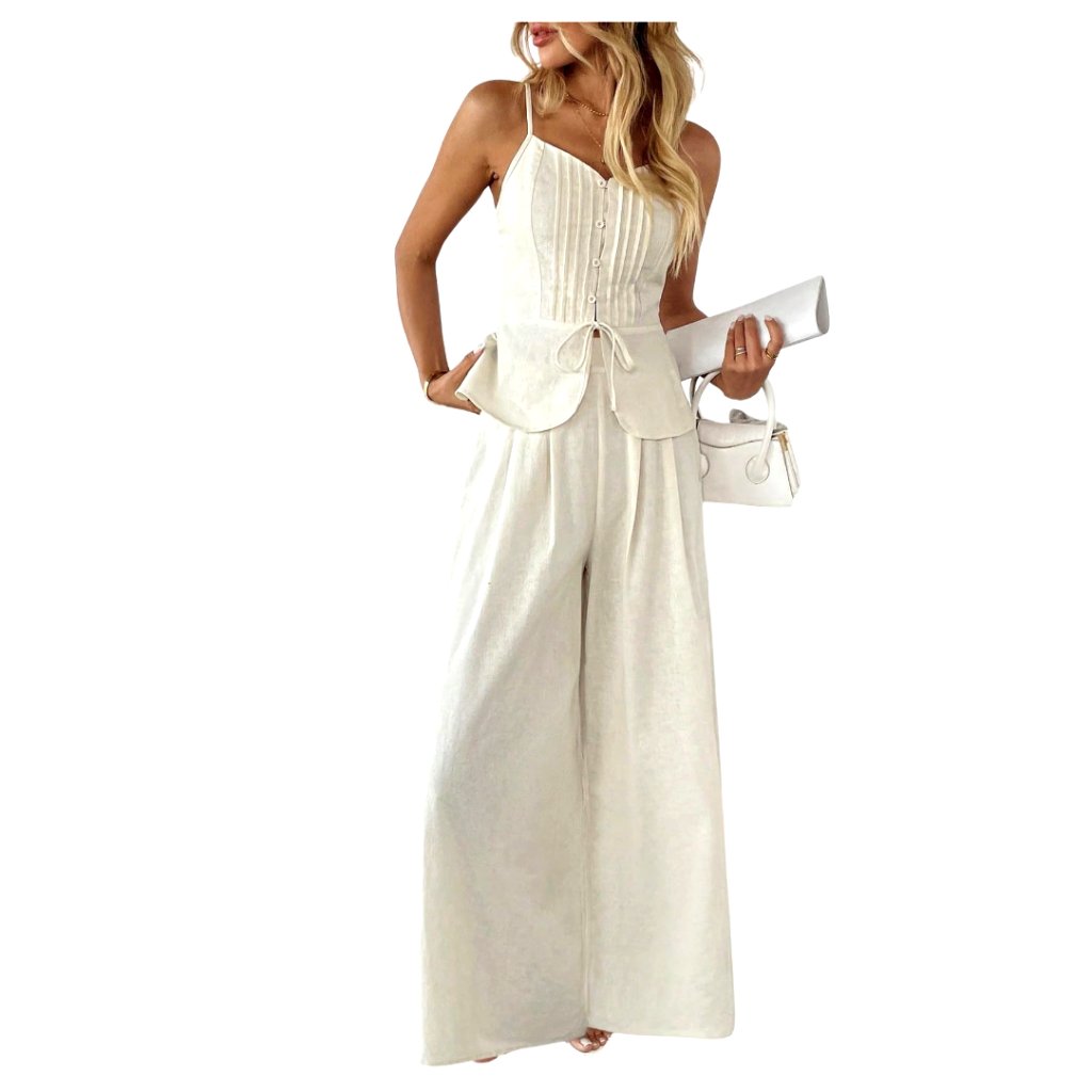 Linen Blend Peplum Cami Top And Wide Leg Pants Set Ivory Travel Lightweight